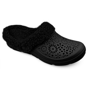 Clog Nellie fundo branco catálogo com pelúcia cor Preto