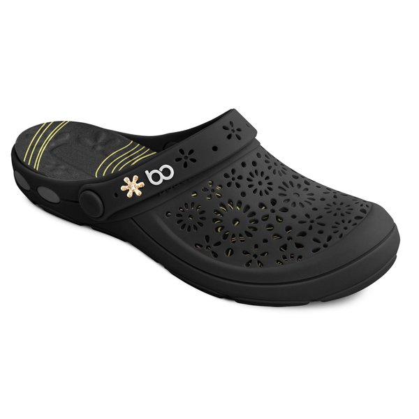 Clog Nellie fundo branco catálogo estampa e PIN 10 anos cor Preto